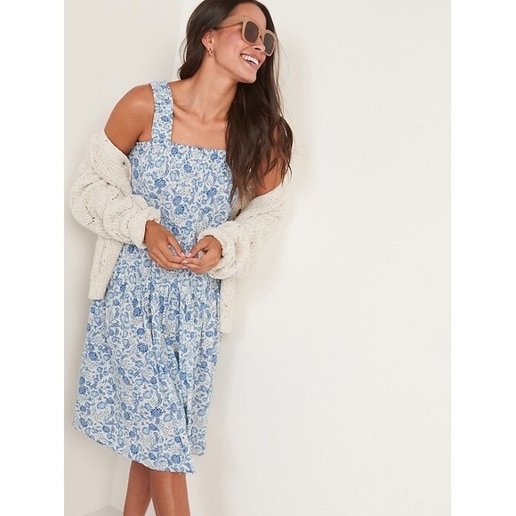 Old Navy Womens Blue White Floral Toile Smocked Tiered Midi Dress NWT Large - Picture 3 of 16